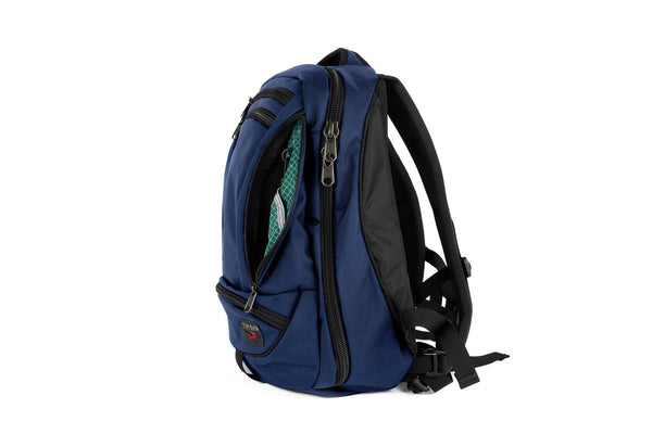 Side profile of Synik 22 in Deep Blue with Sitka (dark green with white grid) Halcyon interior.
